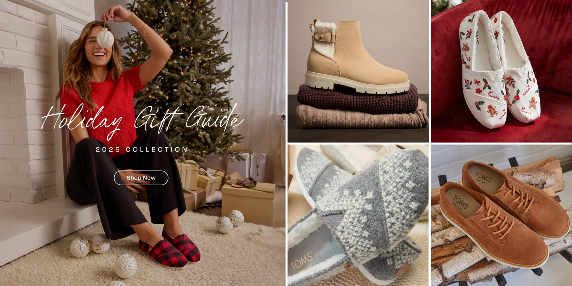 Holiday Gift Guide. 2025 Collection. Shop Now. Various TOMS footwear shown.